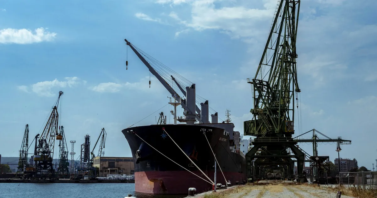 Товарен кораб и пристанищни кранове на пристанище Варна
